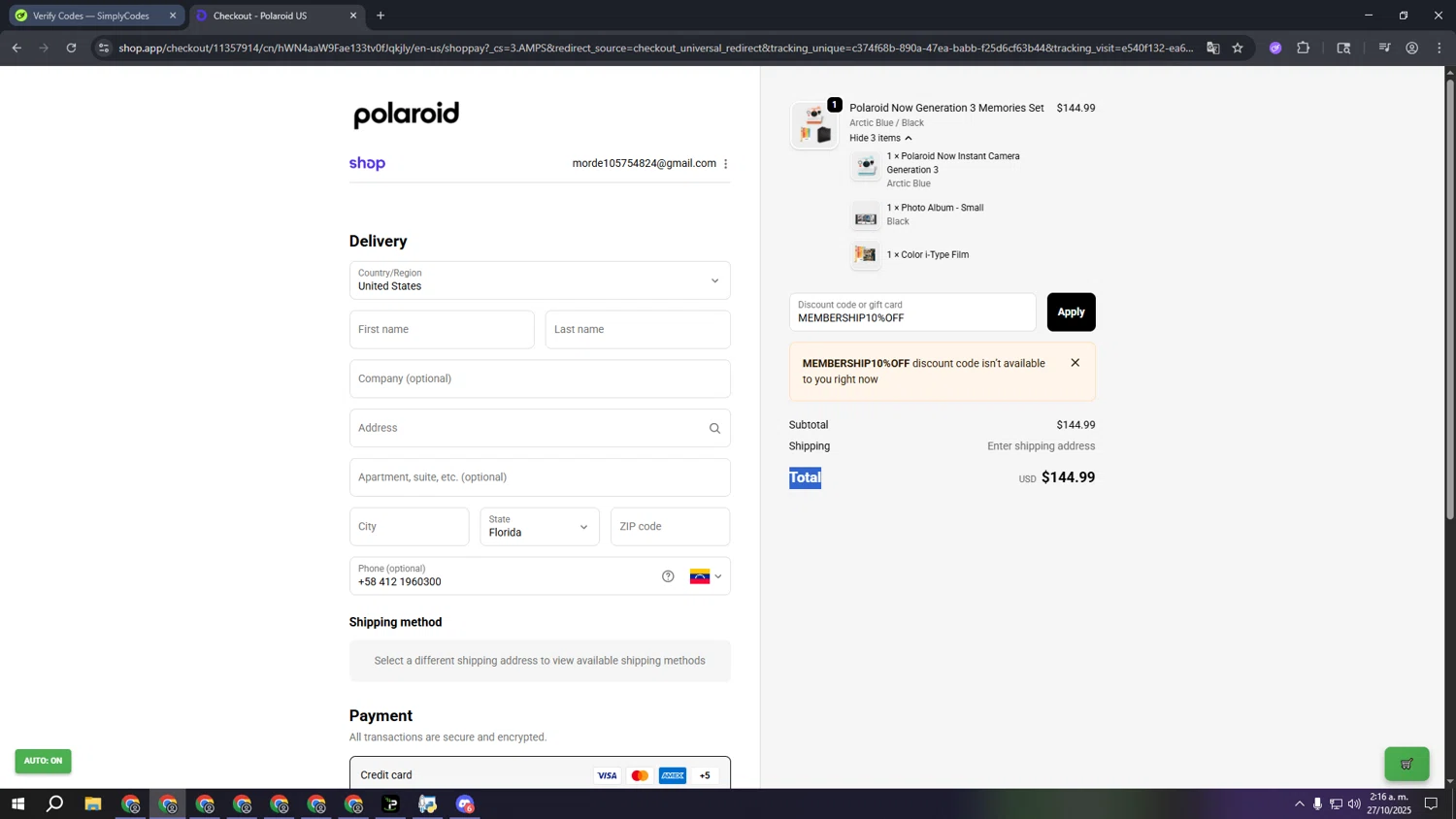 Polaroid discount code screenshot showing code MEMBERSHIP10%OFF applied at Polaroid checkout page. Uploaded by SimplyCodes community member ooooooooooooooooooo on Oct 27, 2025