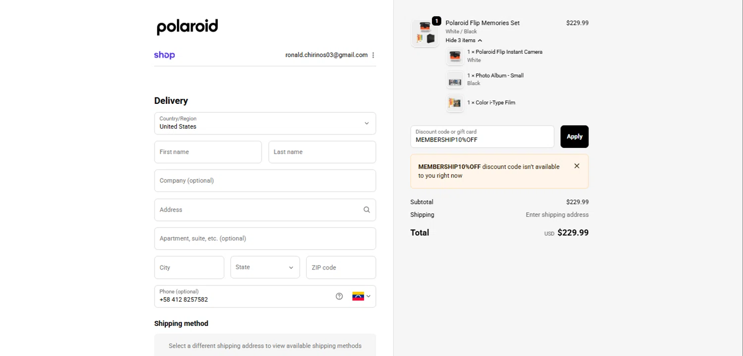 Polaroid discount code screenshot showing code MEMBERSHIP10%OFF applied at Polaroid checkout page. Uploaded by SimplyCodes community member PennySage5996 on Oct 27, 2025