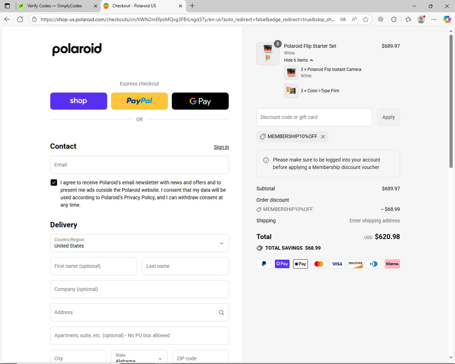 Polaroid discount code screenshot showing code MEMBERSHIP10%OFF applied at Polaroid checkout page. Uploaded by SimplyCodes community member jechtff10 on Sep 9, 2025