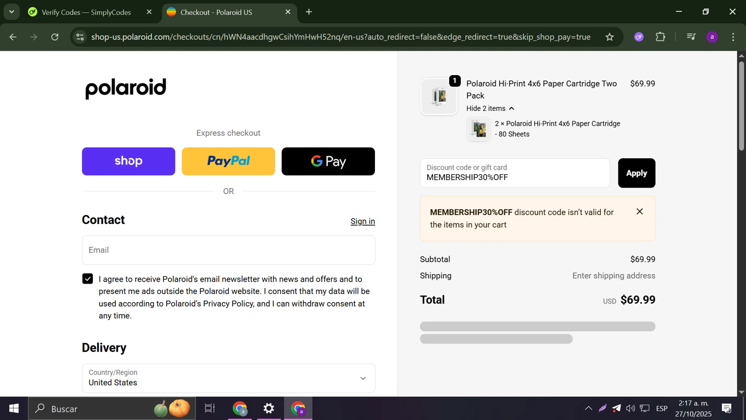 Polaroid discount code screenshot showing code MEMBERSHIP30%OFF applied at Polaroid checkout page. Uploaded by SimplyCodes community member Anderson on Oct 27, 2025