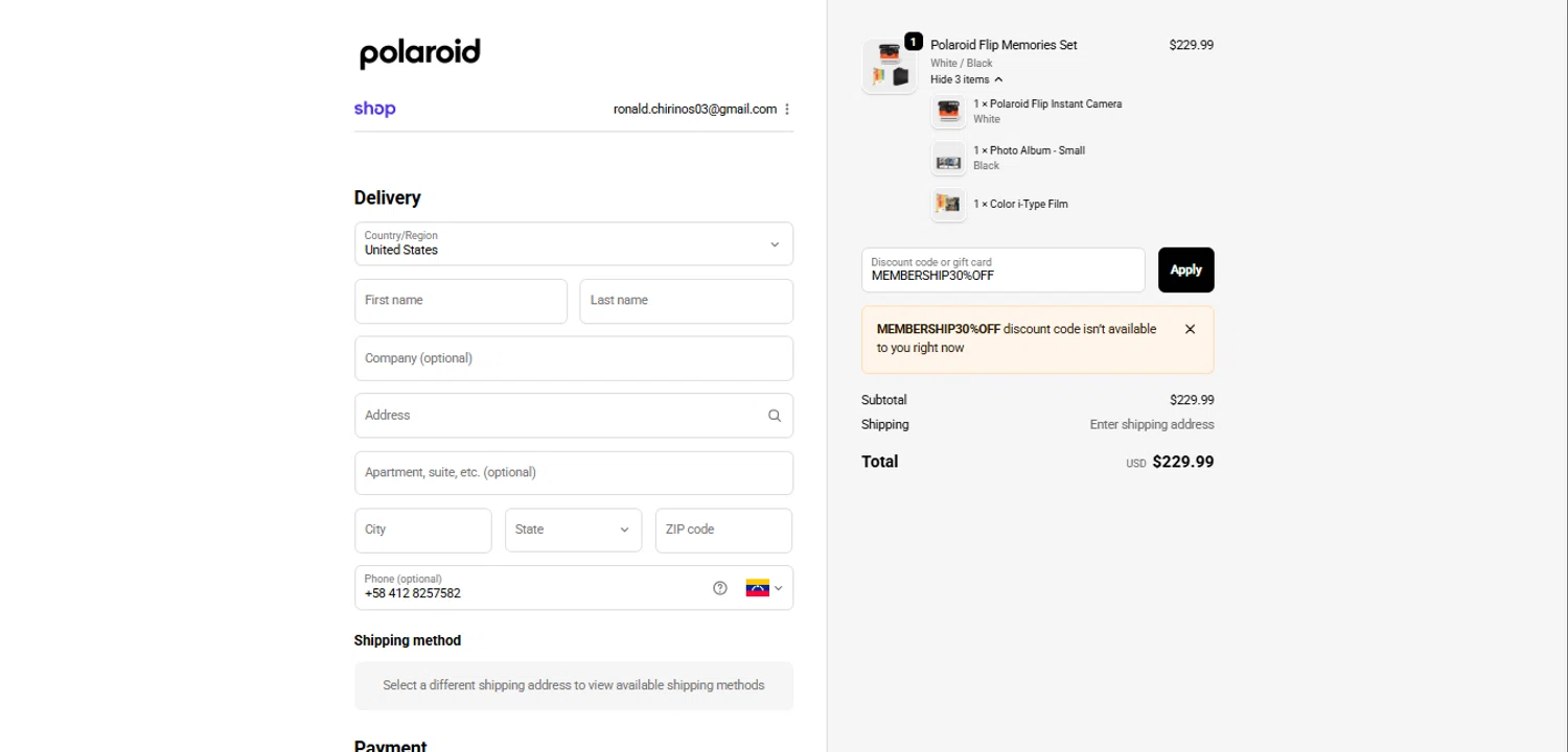 Polaroid discount code screenshot showing code MEMBERSHIP30%OFF applied at Polaroid checkout page. Uploaded by SimplyCodes community member FortunateElite5130 on Oct 27, 2025