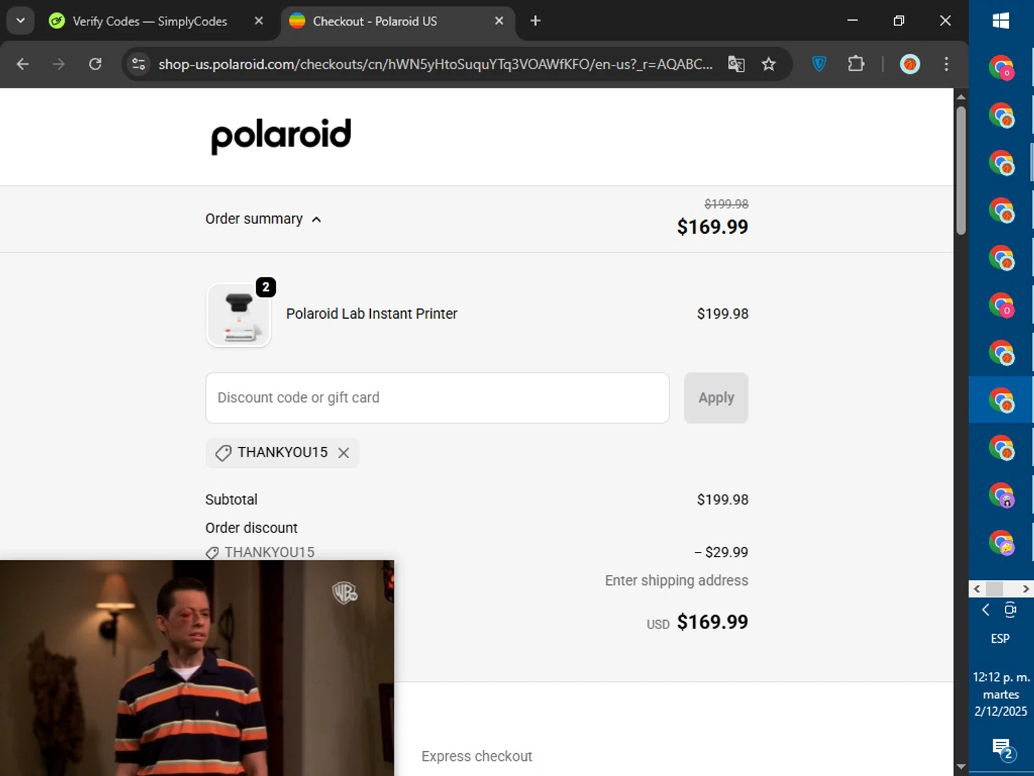 Polaroid discount code screenshot showing code Thankyou15 applied at Polaroid checkout page. Uploaded by SimplyCodes community member SalePhoenix823 on Dec 2, 2025