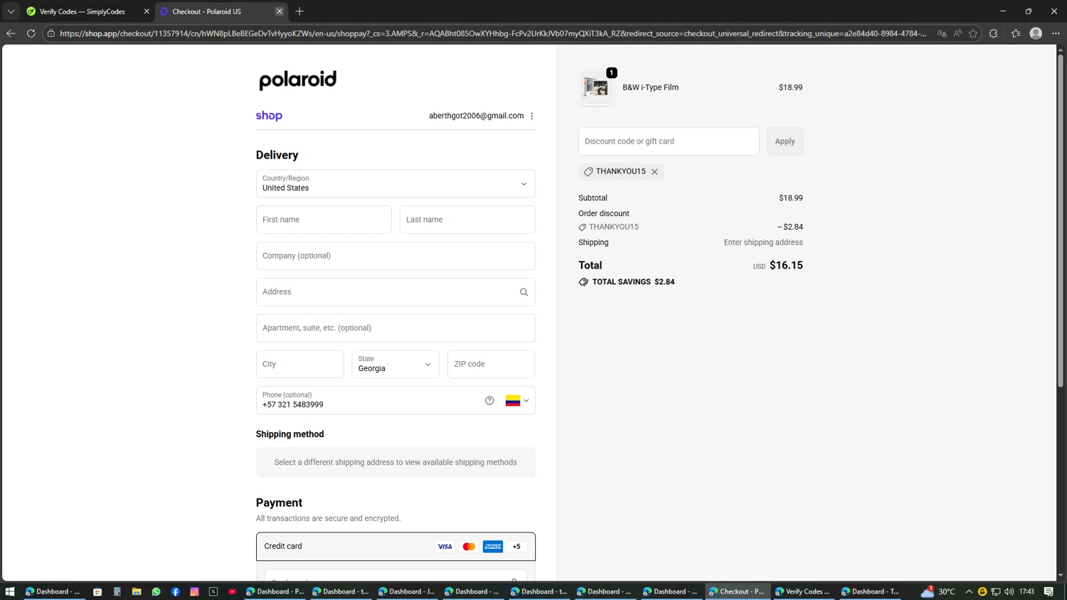 Polaroid checkout page showing Polaroid discount code box | Screenshot taken by SimplyCodes community member on Feb 15, 2026