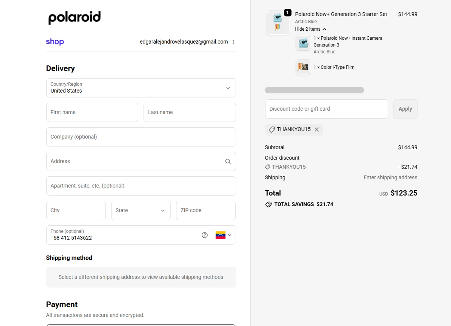 Polaroid discount code screenshot showing code Thankyou15 applied at Polaroid checkout page. Uploaded by SimplyCodes community member ValiantLion5897 on Jan 3, 2026