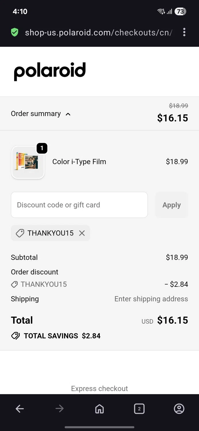 Polaroid discount code screenshot showing code Thankyou15 applied at Polaroid checkout page. Uploaded by SimplyCodes community member BB9542251456527 on Nov 6, 2025