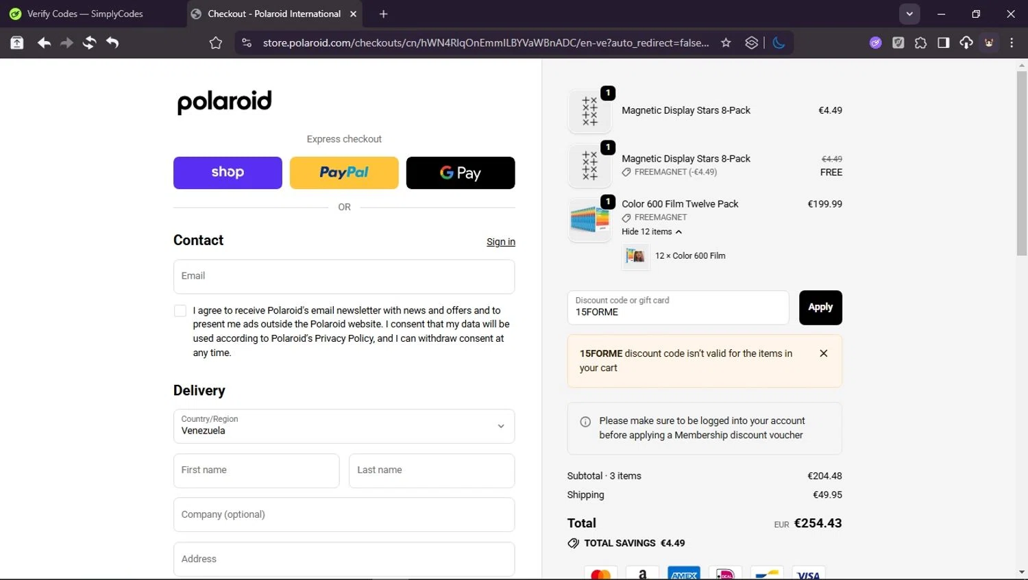 Polaroid EU checkout page showing Polaroid EU coupon code box | Screenshot taken by SimplyCodes community member on Oct 23, 2025