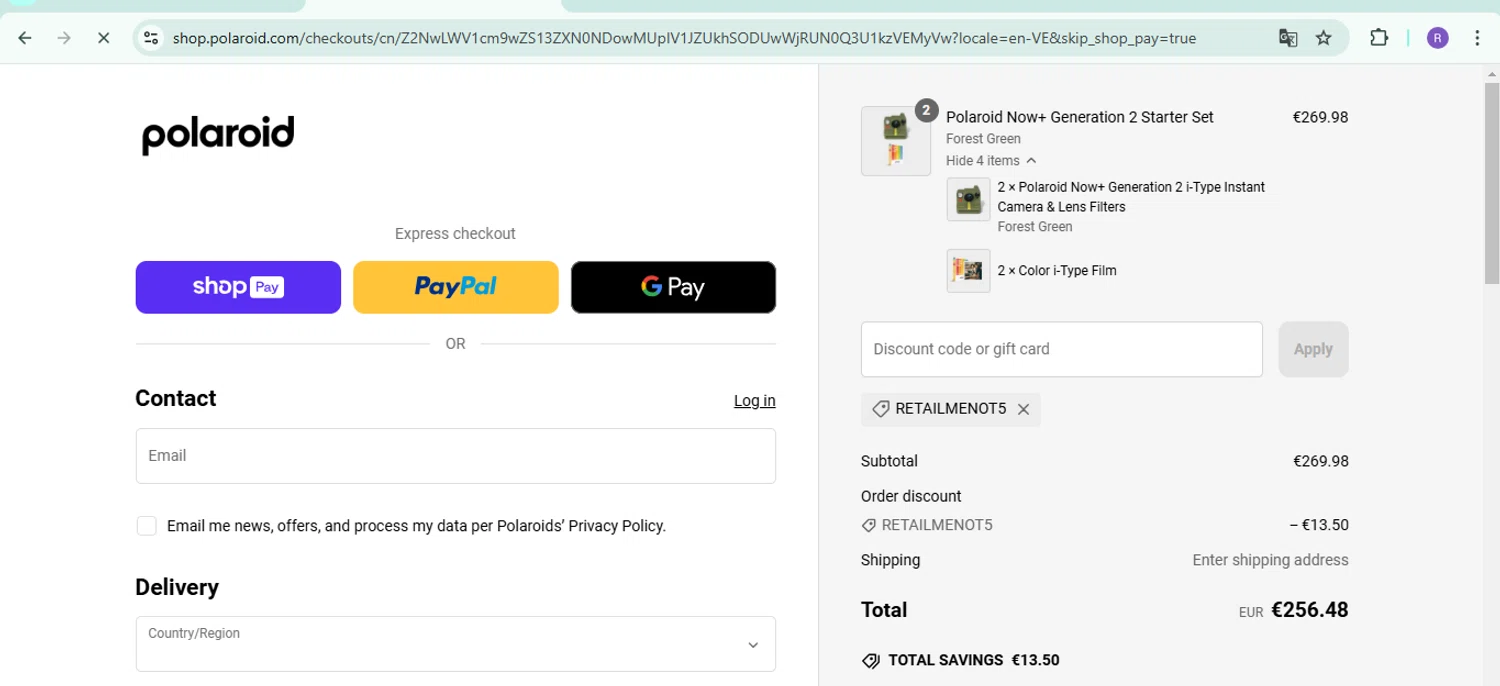 Polaroid EU coupon code screenshot showing code RETAILMENOT5 applied at Polaroid EU checkout page. Uploaded by SimplyCodes community member ShrewdTiger1887 on Jan 18, 2025