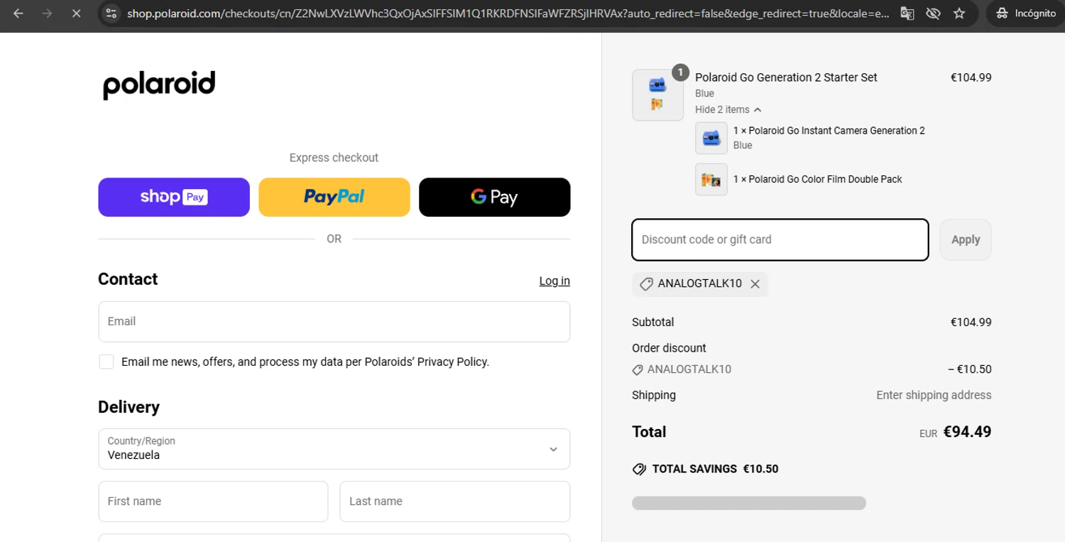 Polaroid EU coupon code screenshot showing code ANALOGTALK10 applied at Polaroid EU checkout page. Uploaded by SimplyCodes community member UchihaMadara on Mar 28, 2025
