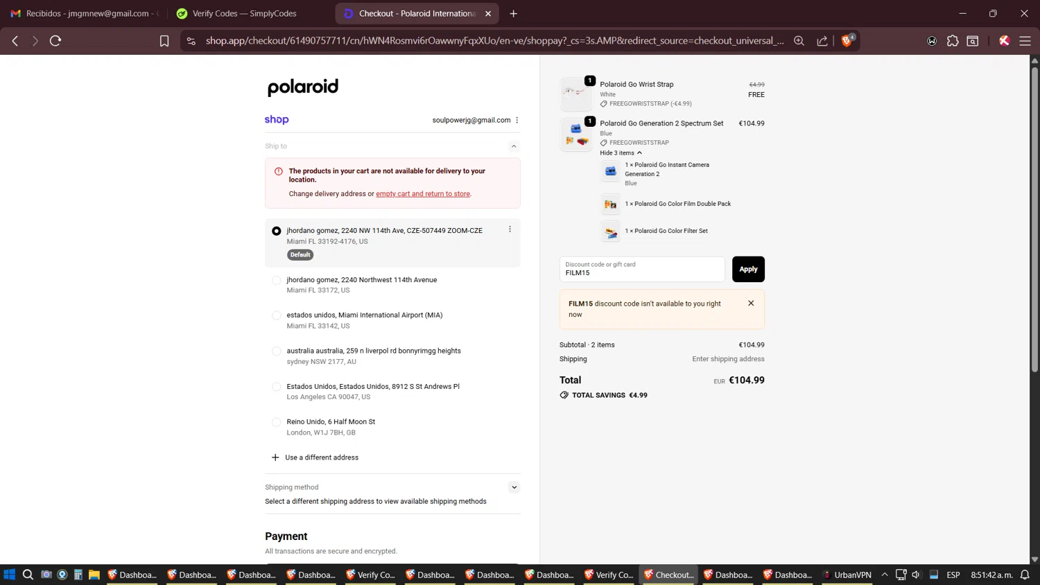 Polaroid EU coupon code screenshot showing code FILM15 applied at Polaroid EU checkout page. Uploaded by SimplyCodes community member Amidamaru on Oct 23, 2025