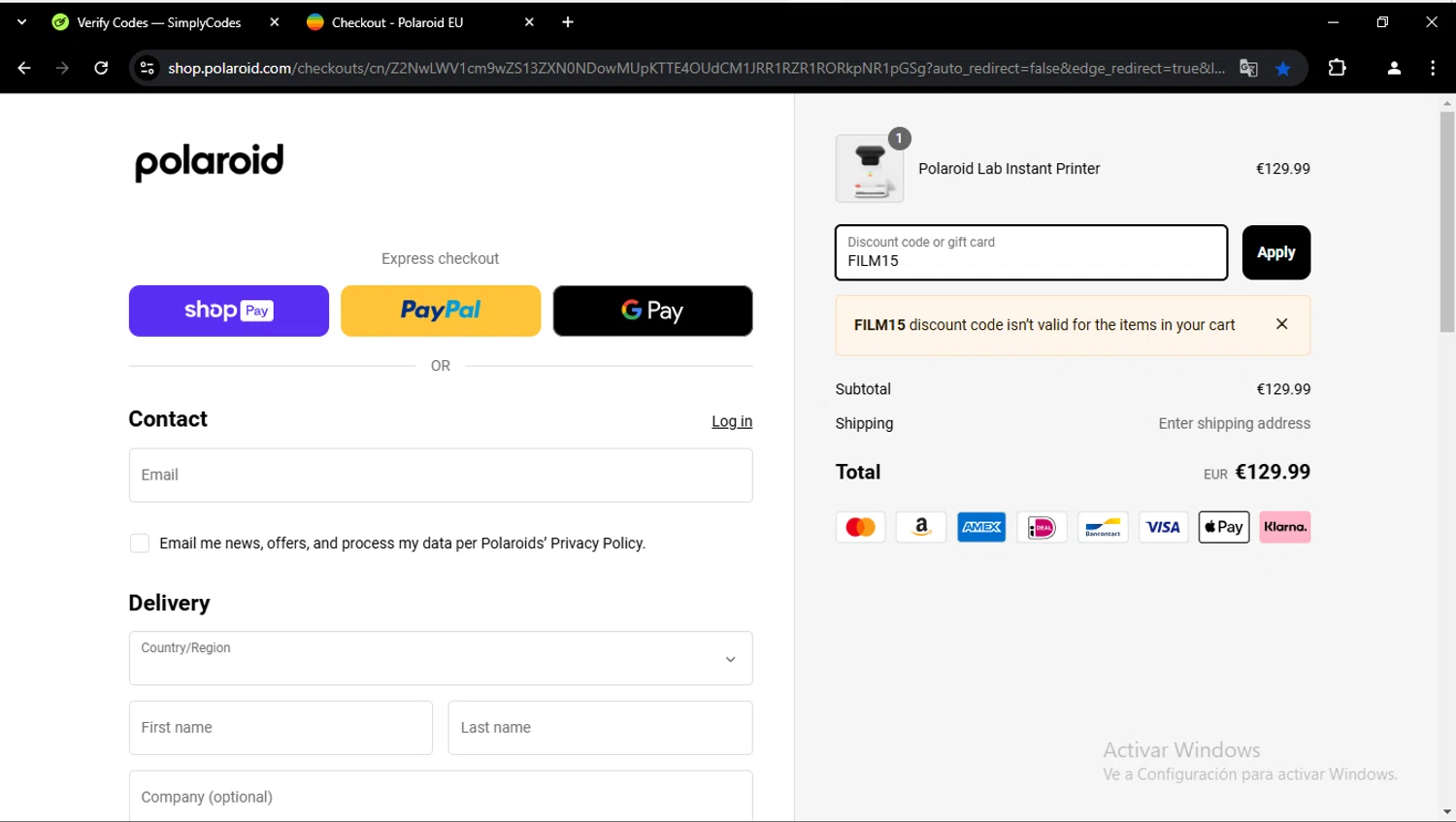 Polaroid EU coupon code screenshot showing code FILM15 applied at Polaroid EU checkout page. Uploaded by SimplyCodes community member feliutorres on Jan 27, 2025