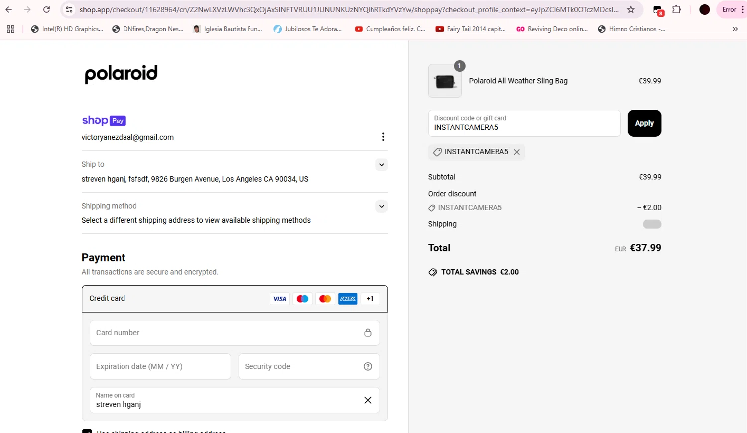 Polaroid EU coupon code screenshot showing code INSTANTCAMERA5 applied at Polaroid EU checkout page. Uploaded by SimplyCodes community member BitPay on Apr 22, 2025