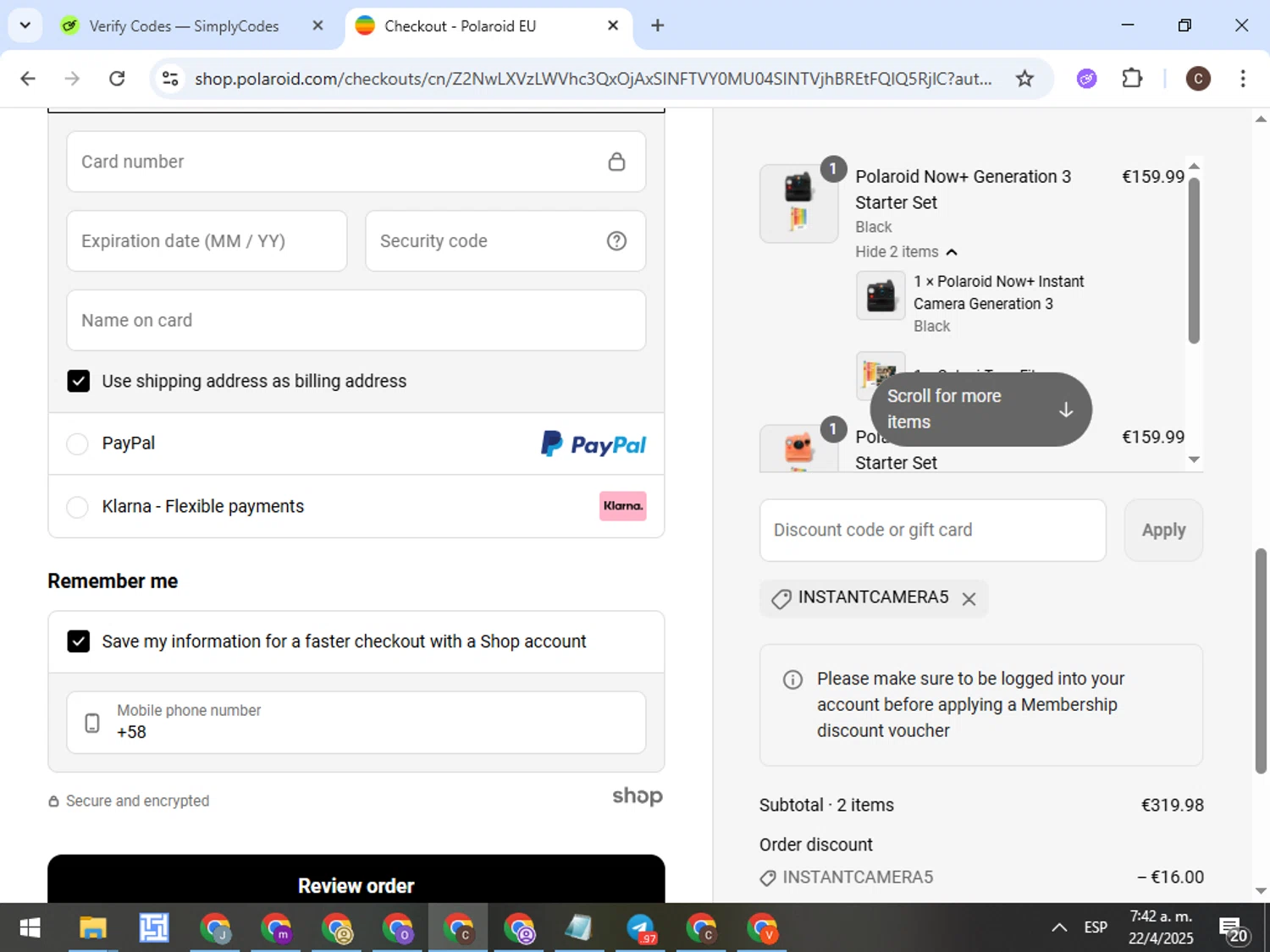 Polaroid EU coupon code screenshot showing code INSTANTCAMERA5 applied at Polaroid EU checkout page. Uploaded by SimplyCodes community member TreasureFox8596 on Apr 22, 2025