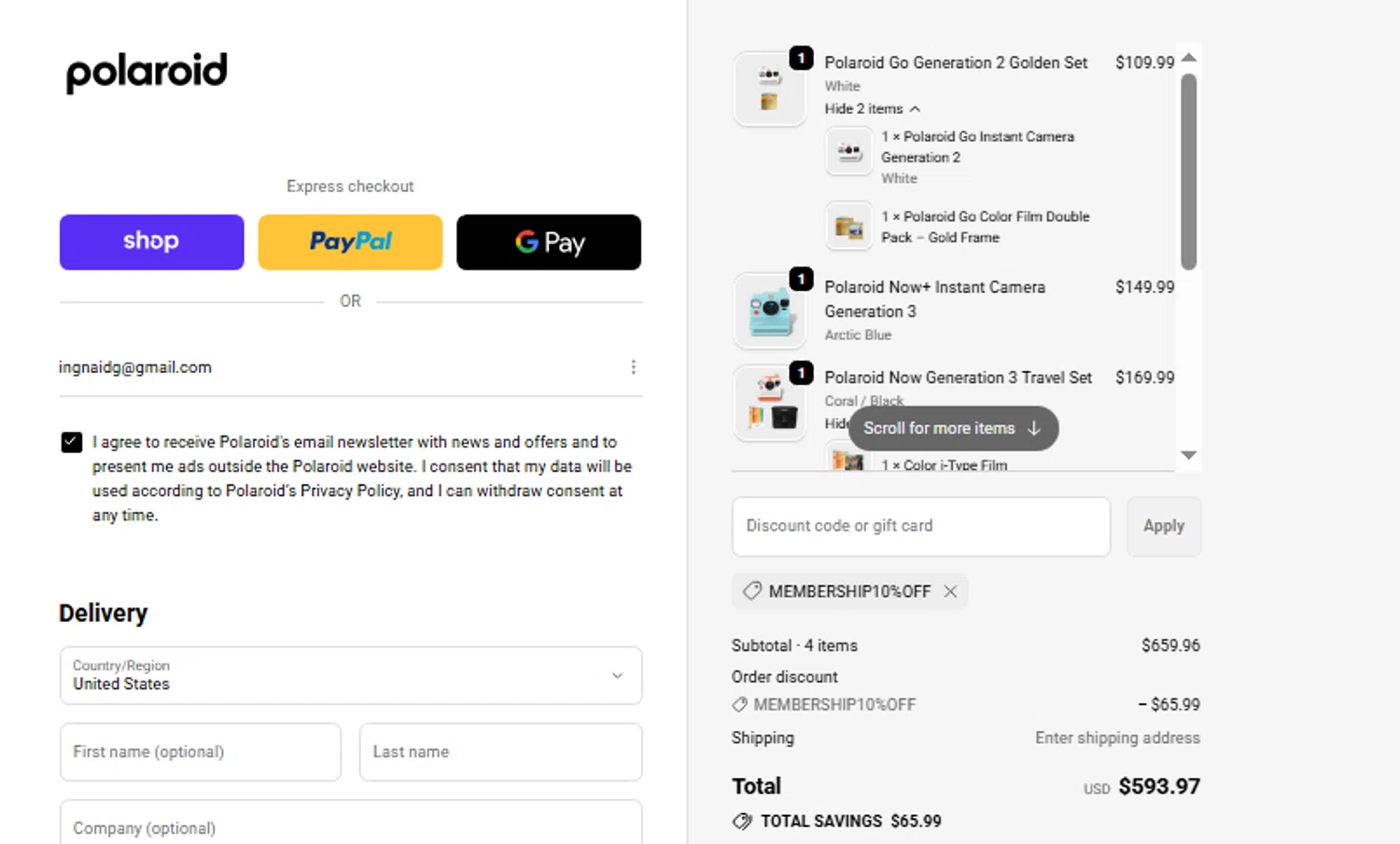 Polaroid EU coupon code screenshot showing code MEMBERSHIP30%OFF applied at Polaroid EU checkout page. Uploaded by SimplyCodes community member SwiftShopper8601 on Nov 7, 2025