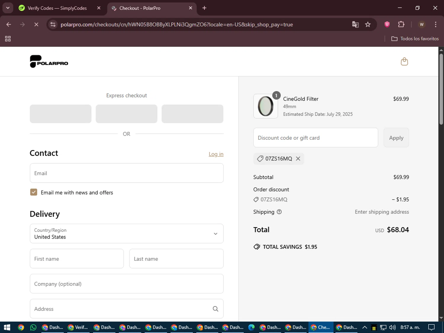 PolarPro discount code screenshot showing code 07ZS16MQ applied at PolarPro checkout page. Uploaded by SimplyCodes community member DealMaestro2101 on Jun 30, 2025