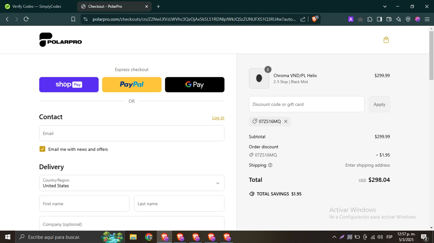 PolarPro discount code screenshot showing code 07ZS16MQ applied at PolarPro checkout page. Uploaded by SimplyCodes community member SwiftTracker9305 on Mar 5, 2025