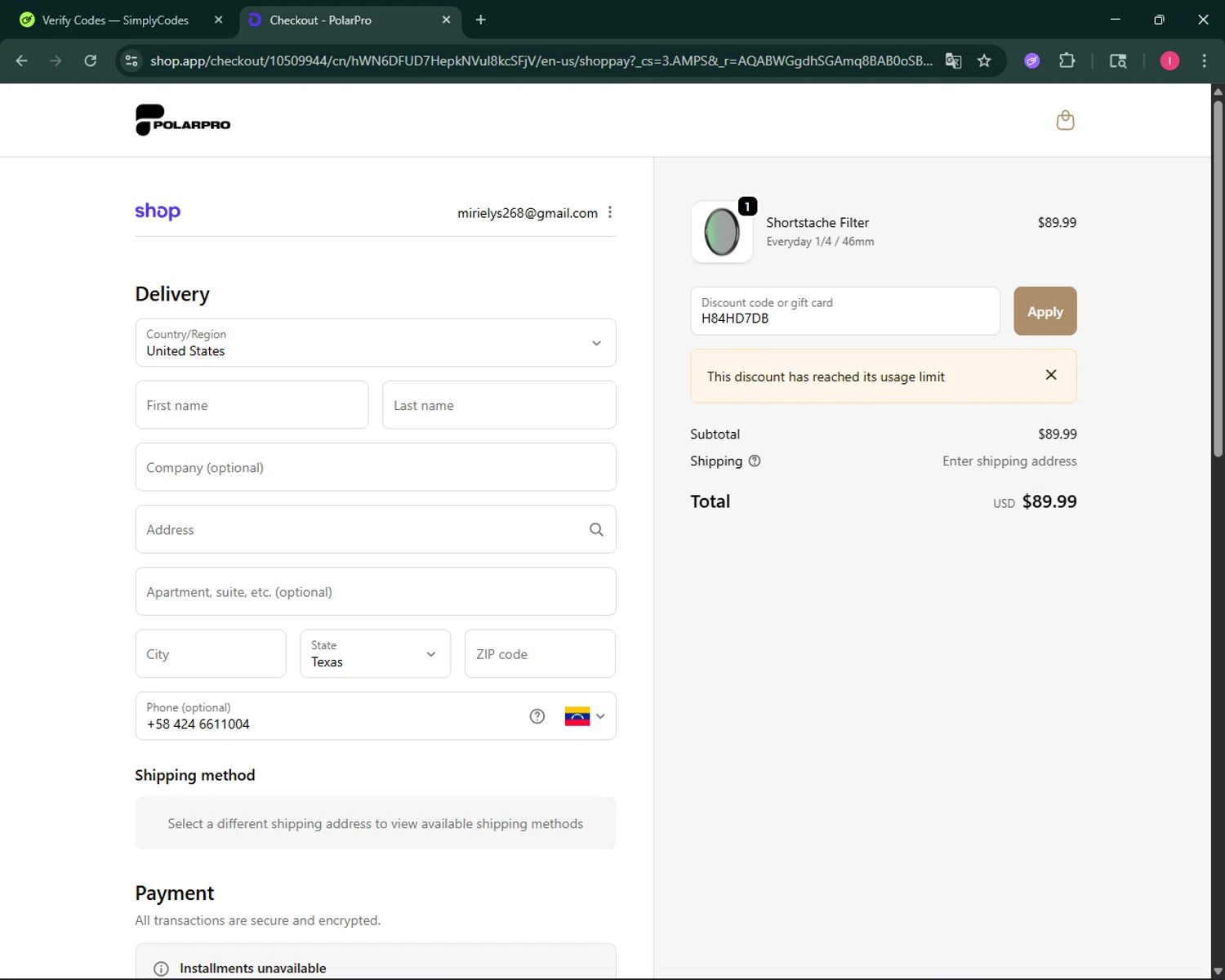 PolarPro discount code screenshot showing code H84HD7DB applied at PolarPro checkout page. Uploaded by SimplyCodes community member BargainSeeker9964 on Dec 9, 2025