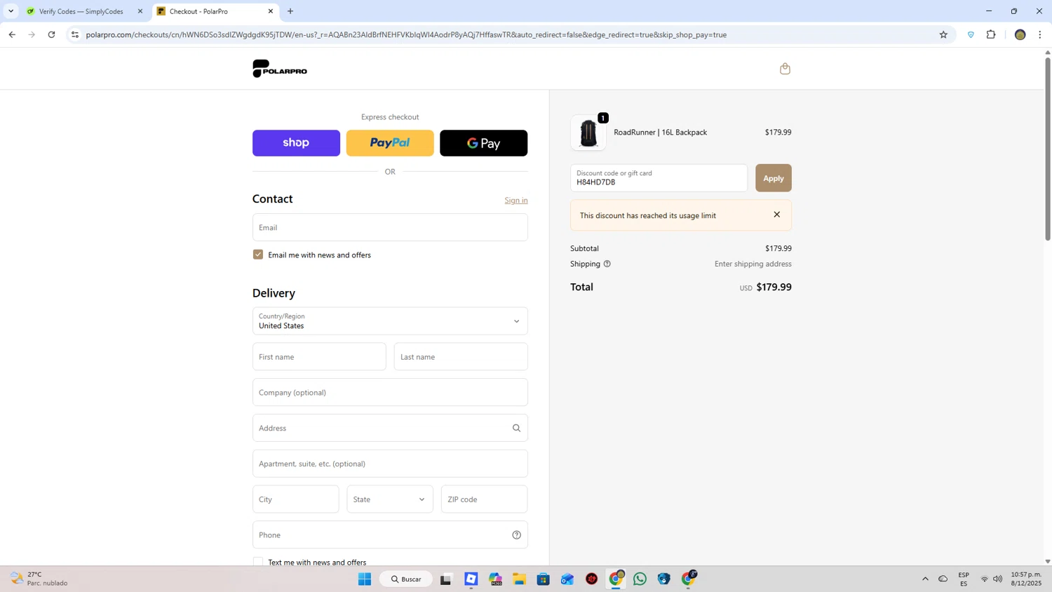 PolarPro discount code screenshot showing code H84HD7DB applied at PolarPro checkout page. Uploaded by SimplyCodes community member WonderLion2189 on Dec 9, 2025