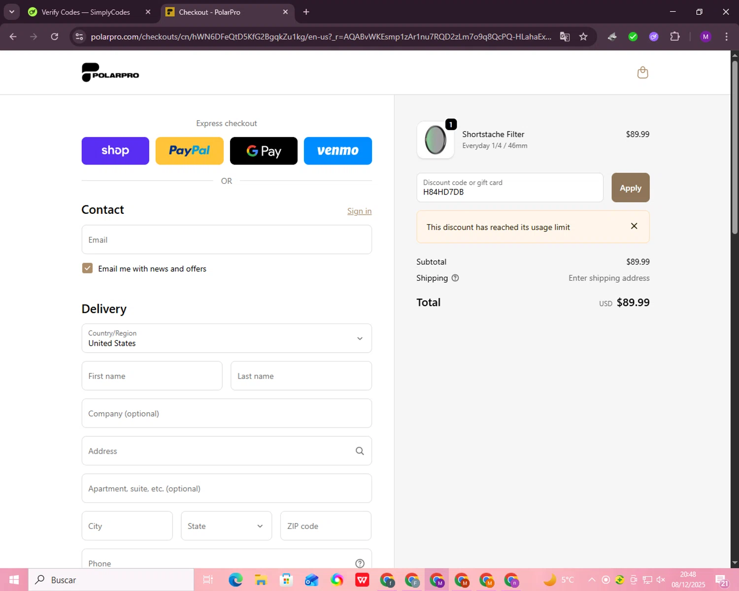 PolarPro discount code screenshot showing code H84HD7DB applied at PolarPro checkout page. Uploaded by SimplyCodes community member malumabby on Dec 9, 2025