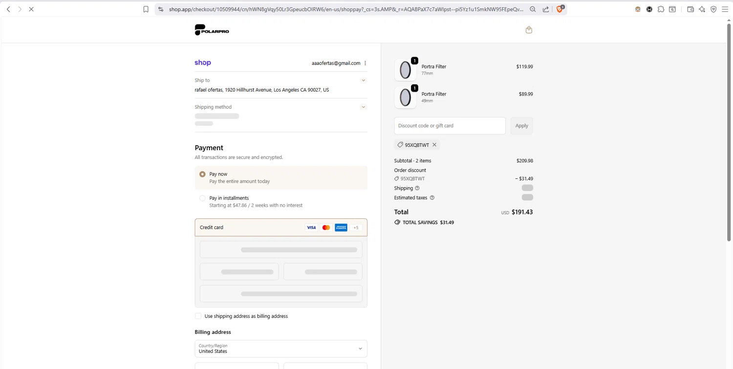 PolarPro checkout page showing PolarPro discount code box | Screenshot taken by SimplyCodes community member on Feb 12, 2026