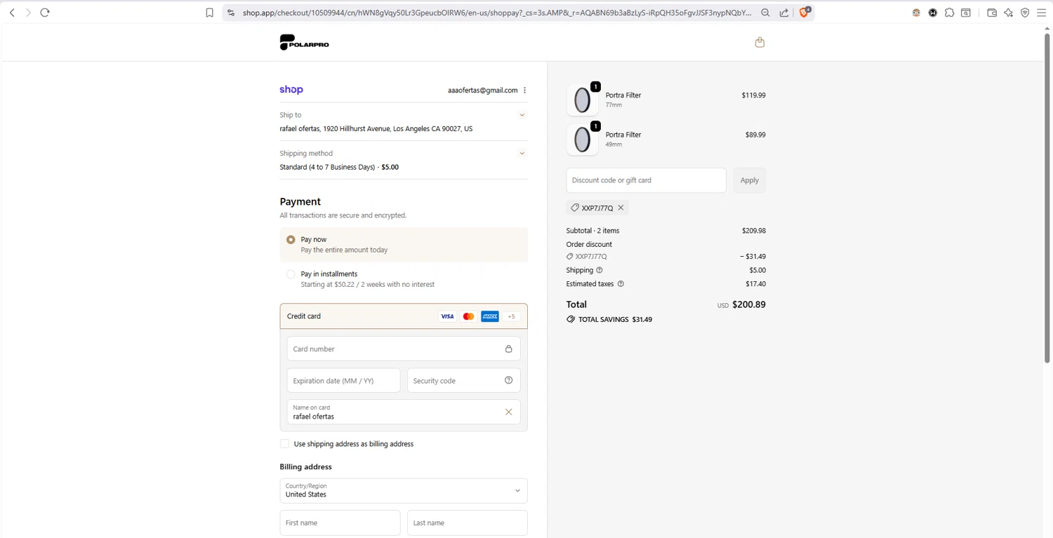 PolarPro checkout page showing PolarPro discount code box | Screenshot taken by SimplyCodes community member on Feb 13, 2026