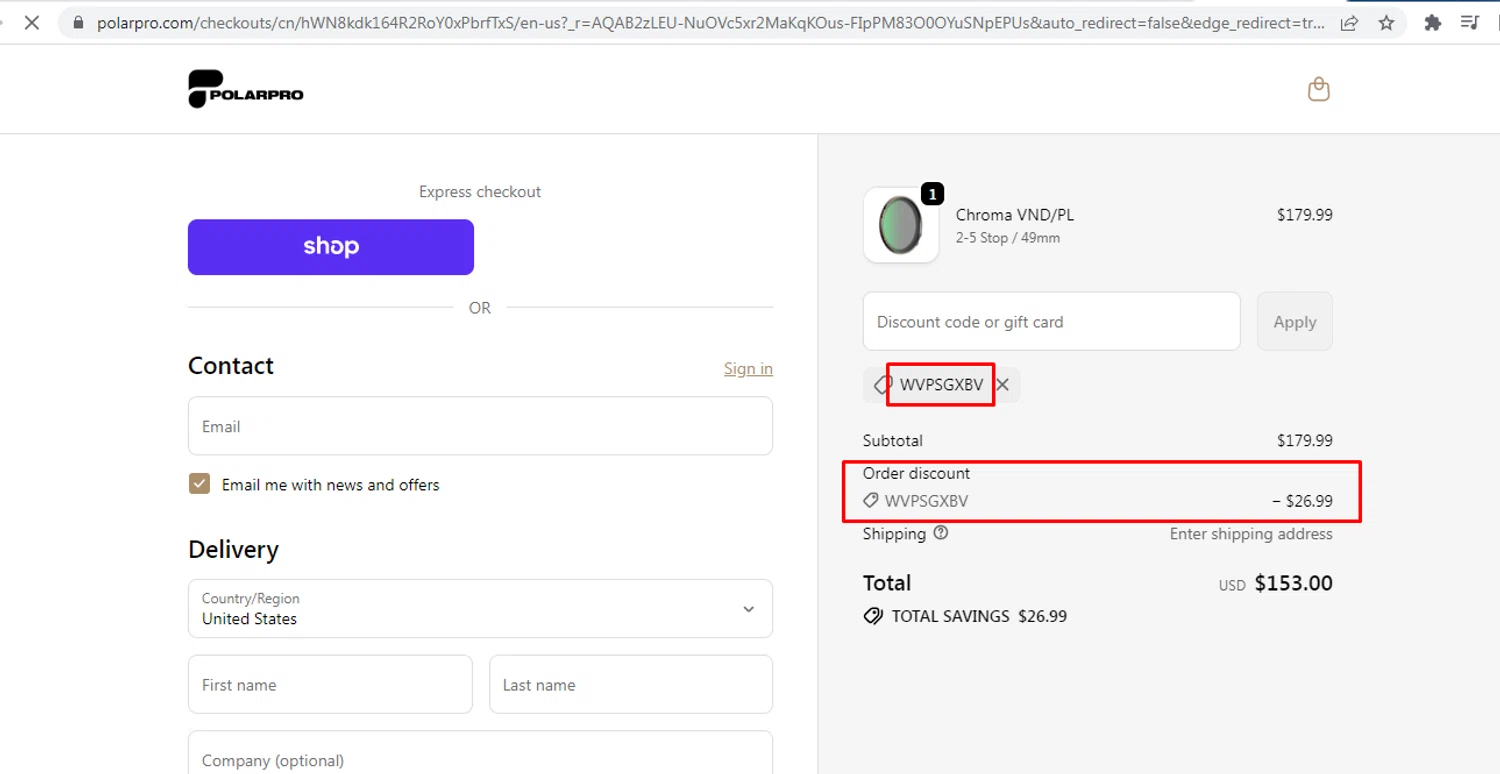 PolarPro discount code screenshot showing code WVPSGXBV applied at PolarPro checkout page. Uploaded by SimplyCodes community member nileskamarcano on Feb 13, 2026
