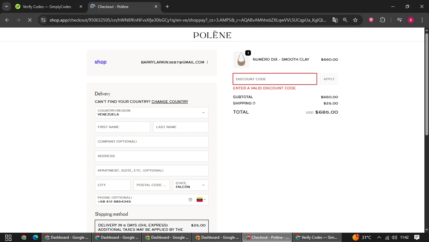 Polène promo code screenshot showing code SPRING19 applied at Polène checkout page. Uploaded by SimplyCodes community member SwiftSage1747 on Feb 11, 2026