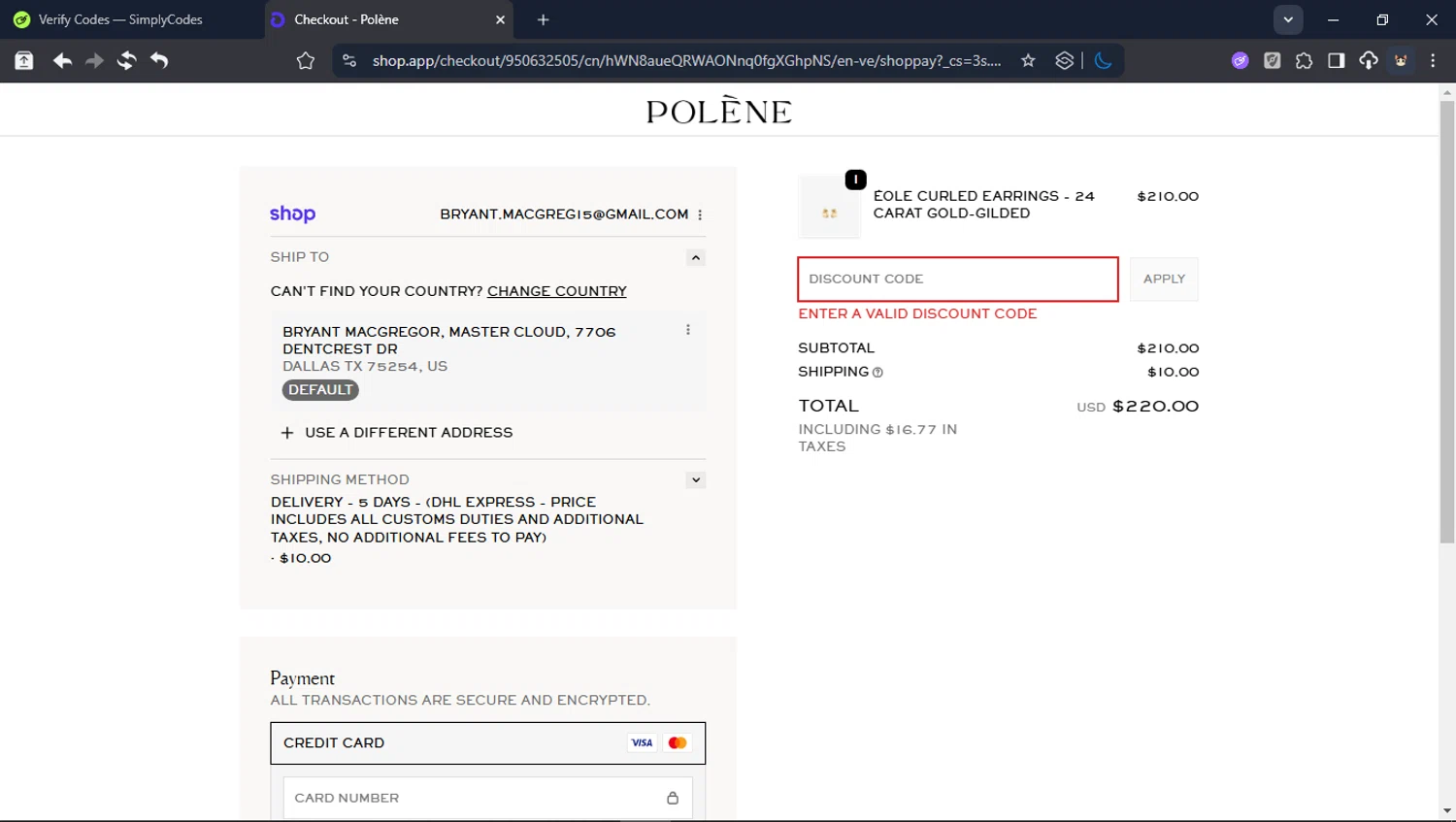 Polène promo code screenshot showing code SPRING19 applied at Polène checkout page. Uploaded by SimplyCodes community member Userr2 on Feb 9, 2026