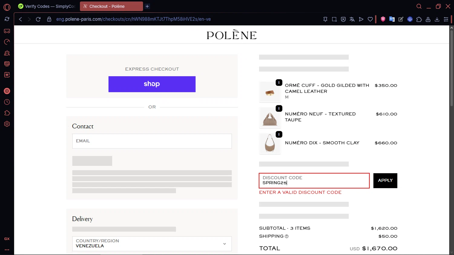 Polène promo code screenshot showing code SPRING25 applied at Polène checkout page. Uploaded by SimplyCodes community member MoneySentinel1166 on Feb 23, 2026