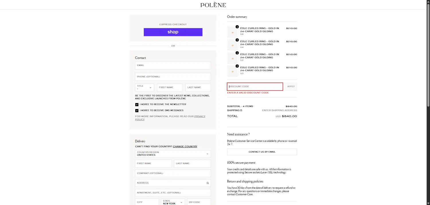 Polène promo code screenshot showing code SPRING25 applied at Polène checkout page. Uploaded by SimplyCodes community member NobleWarden1688 on Feb 23, 2026