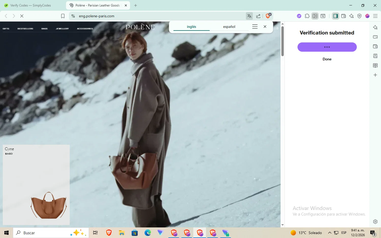 Polène promo code screenshot showing code SPRING25 applied at Polène checkout page. Uploaded by SimplyCodes community member aaaaaaaaaaaaaaa on Feb 12, 2026