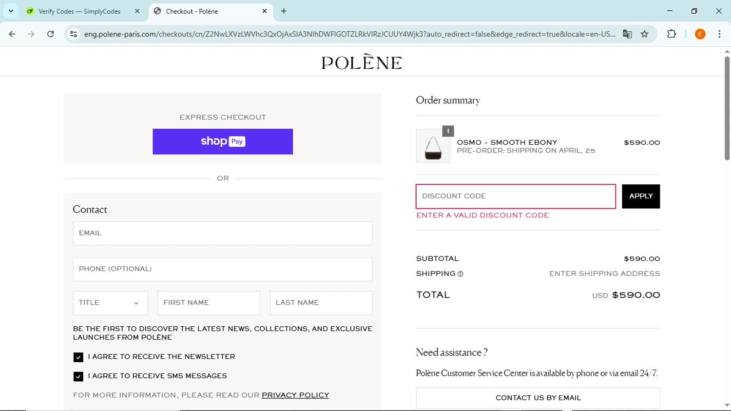 Polène promo code screenshot showing code FRIDAY13 applied at Polène checkout page. Uploaded by SimplyCodes community member BudgetFox5491 on Mar 13, 2025