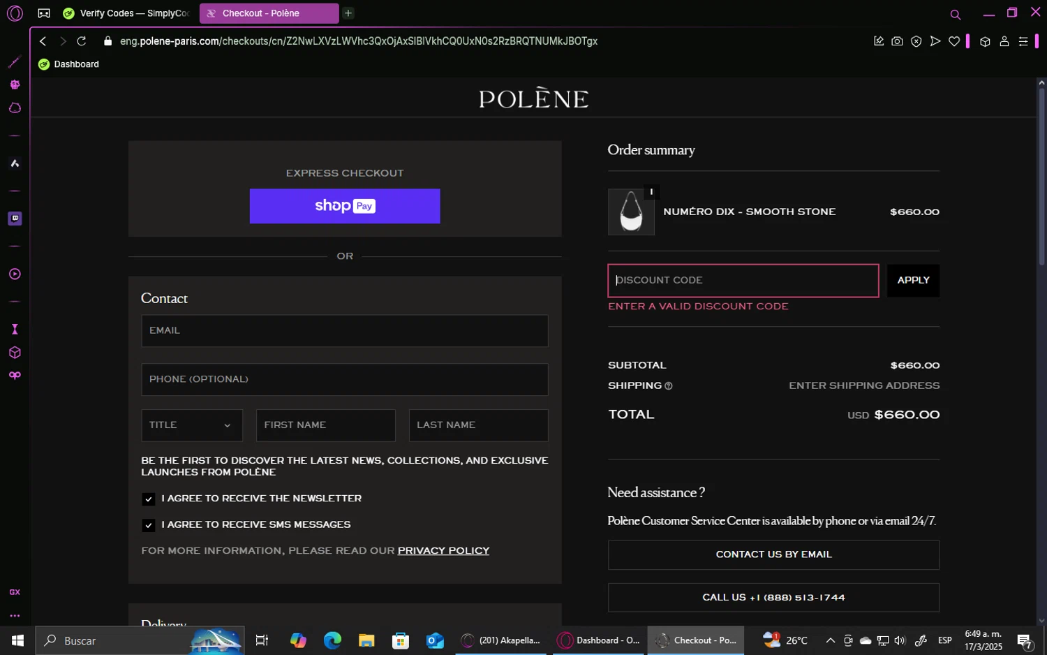 Polène promo code screenshot showing code FRIDAY13 applied at Polène checkout page. Uploaded by SimplyCodes community member GoldHawk6293 on Mar 17, 2025