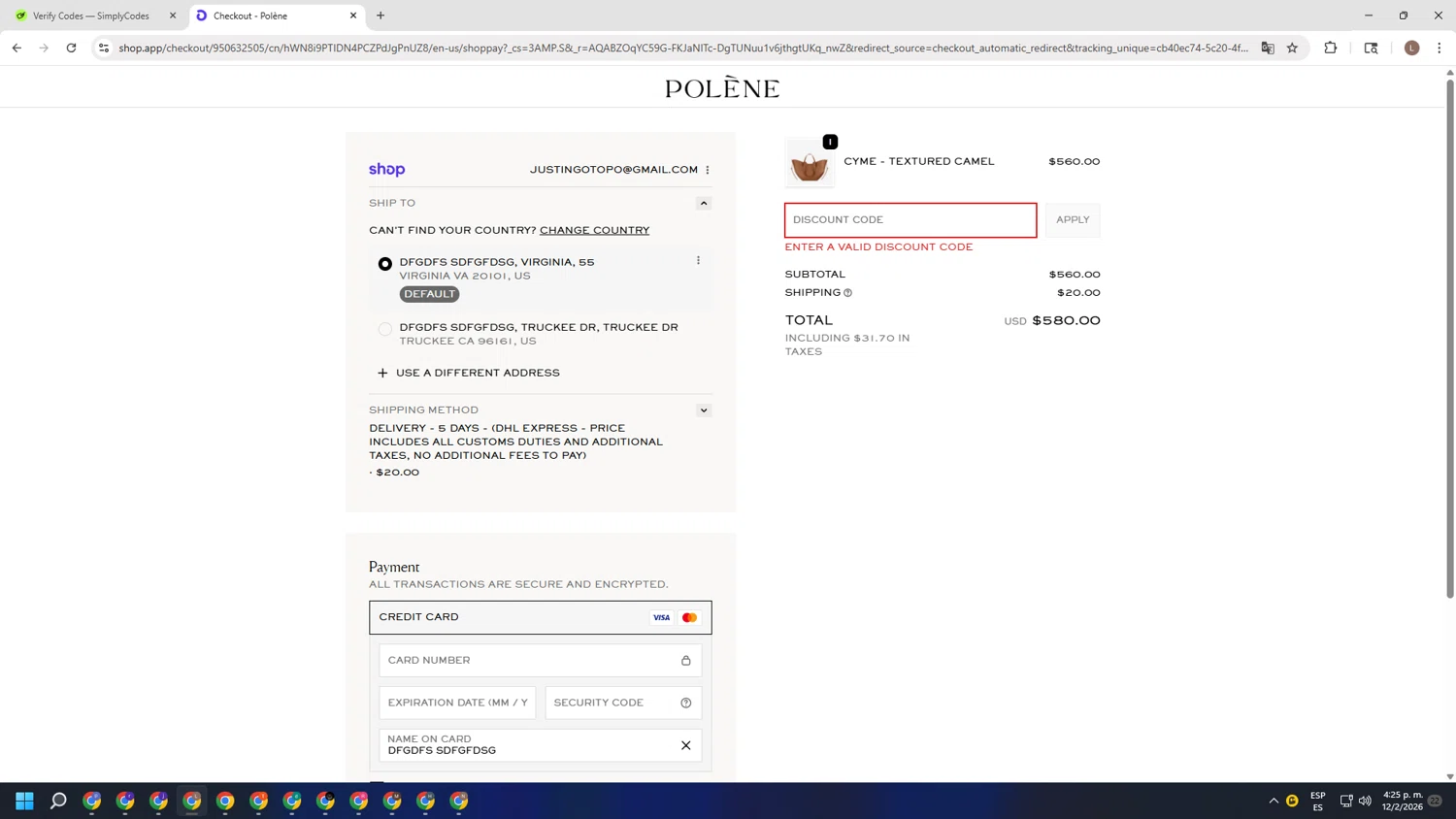 Polène promo code screenshot showing code SAVE10 applied at Polène checkout page. Uploaded by SimplyCodes community member BENELLI on Feb 12, 2026