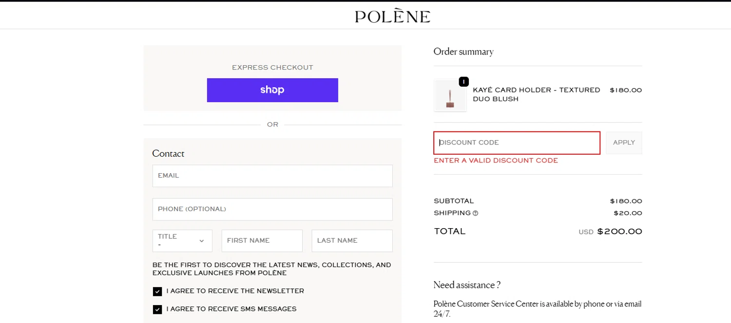 Polène promo code screenshot showing code SAVE10 applied at Polène checkout page. Uploaded by SimplyCodes community member Halanweik on Feb 12, 2026