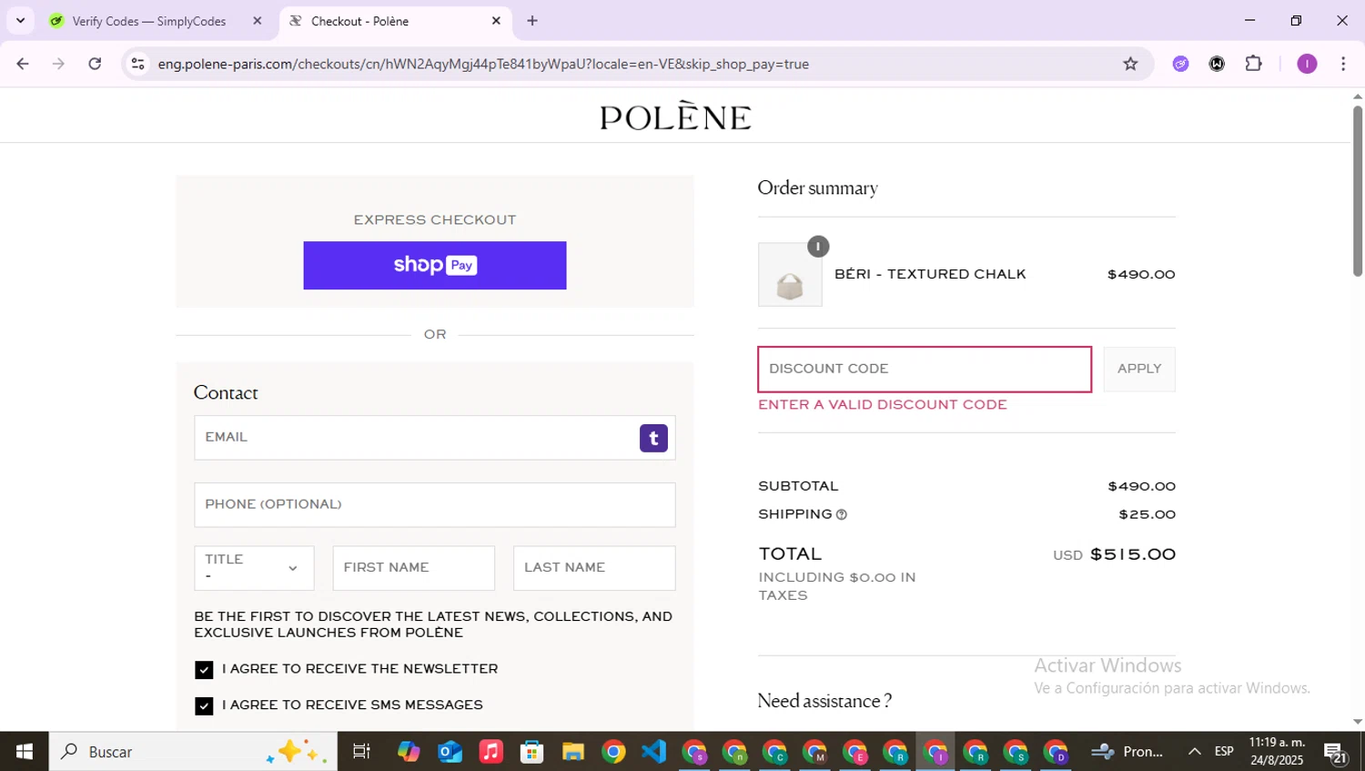 Polène promo code screenshot showing code 10OFF applied at Polène checkout page. Uploaded by SimplyCodes community member RebateAce6764 on Aug 24, 2025