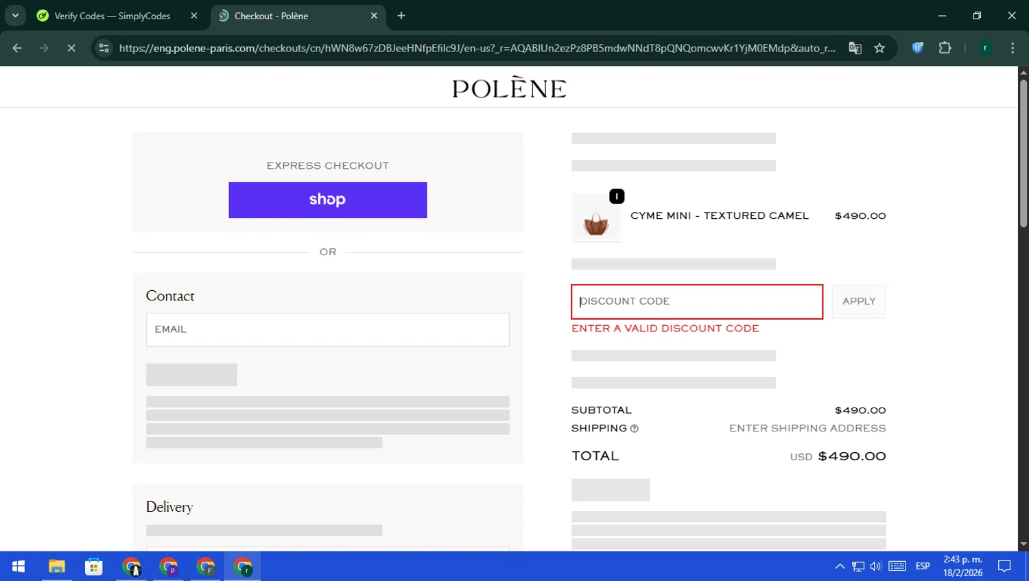 Polène promo code screenshot showing code 10OFF applied at Polène checkout page. Uploaded by SimplyCodes community member rodri1 on Feb 18, 2026