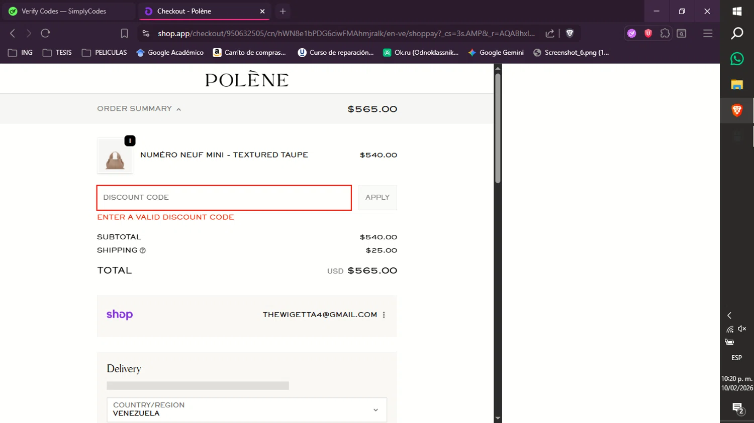 Polène promo code screenshot showing code 10OFF applied at Polène checkout page. Uploaded by SimplyCodes community member xXdevoragoticas69Xx on Feb 11, 2026