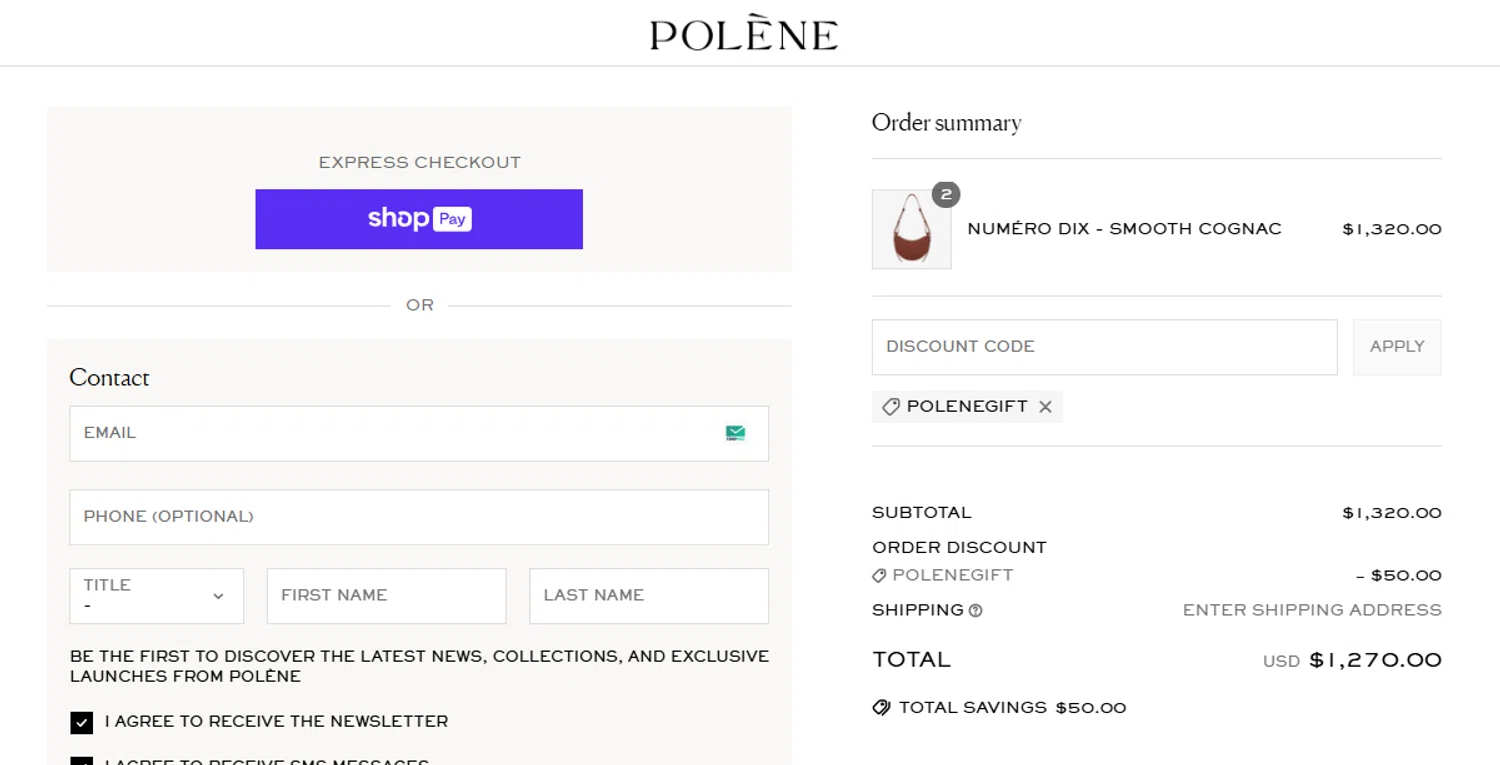 Polène checkout page showing Polène promo code box | Screenshot taken by SimplyCodes community member on Jun 14, 2025