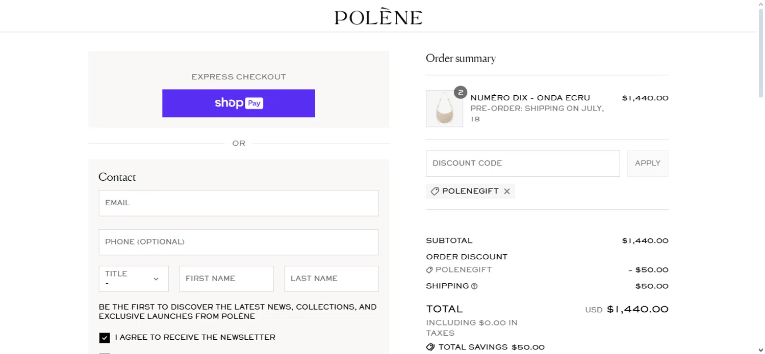Polène checkout page showing Polène promo code box | Screenshot taken by SimplyCodes community member on Jul 7, 2025