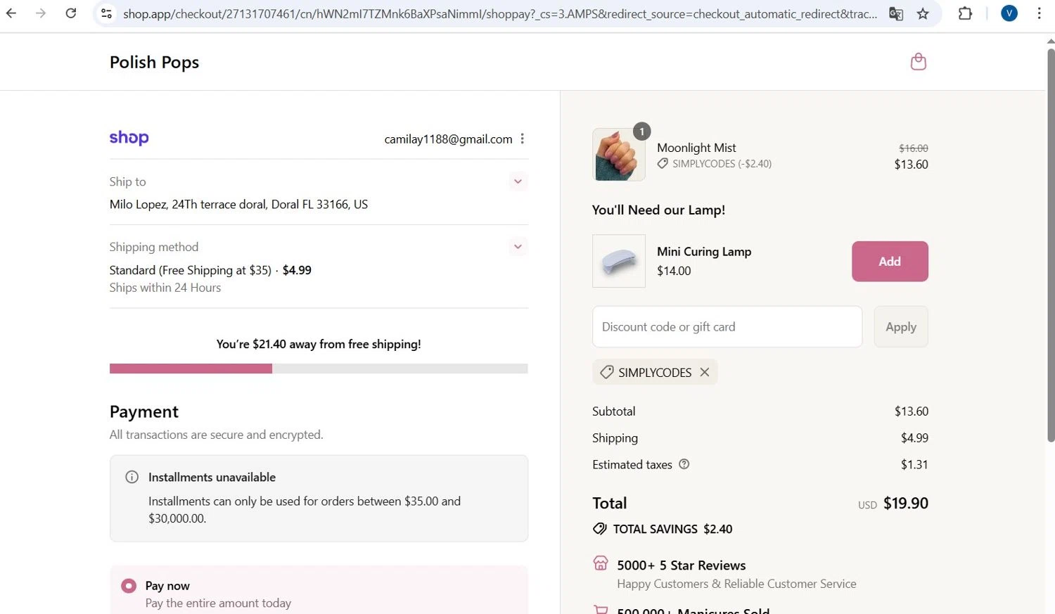 Polish Pops discount code screenshot showing code SIMPLYCODES applied at Polish Pops checkout page. Uploaded by SimplyCodes community member monicyell on Sep 9, 2025