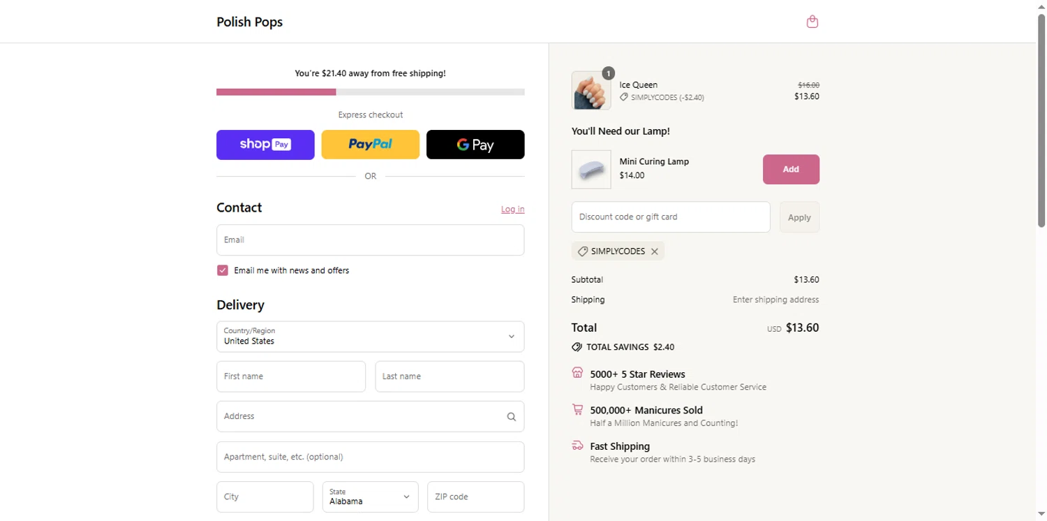 Polish Pops discount code screenshot showing code SIMPLYCODES applied at Polish Pops checkout page. Uploaded by SimplyCodes community member renegul on Aug 10, 2025