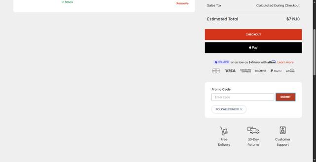 Polk Audio checkout page showing Polk Audio promo code box | Screenshot taken by SimplyCodes community member on Jun 17, 2025
