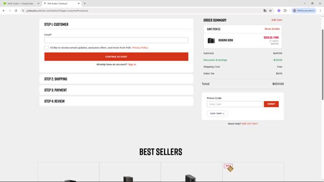Polk Audio checkout page showing Polk Audio promo code box | Screenshot taken by SimplyCodes community member on Sep 9, 2025