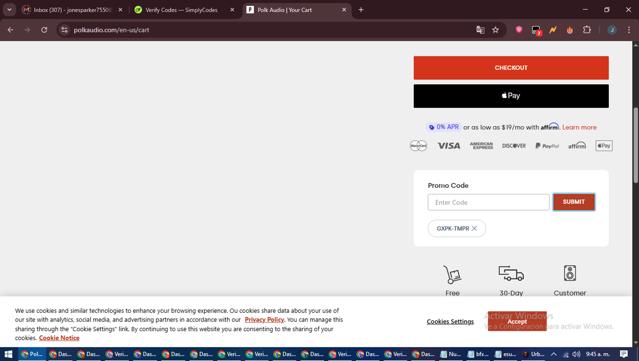 Polk Audio checkout page showing Polk Audio promo code box | Screenshot taken by SimplyCodes community member on Jul 9, 2025