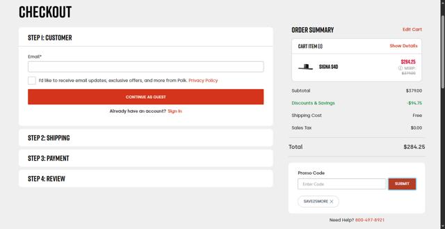 Polk Audio checkout page showing Polk Audio promo code box | Screenshot taken by SimplyCodes community member on Jul 28, 2025