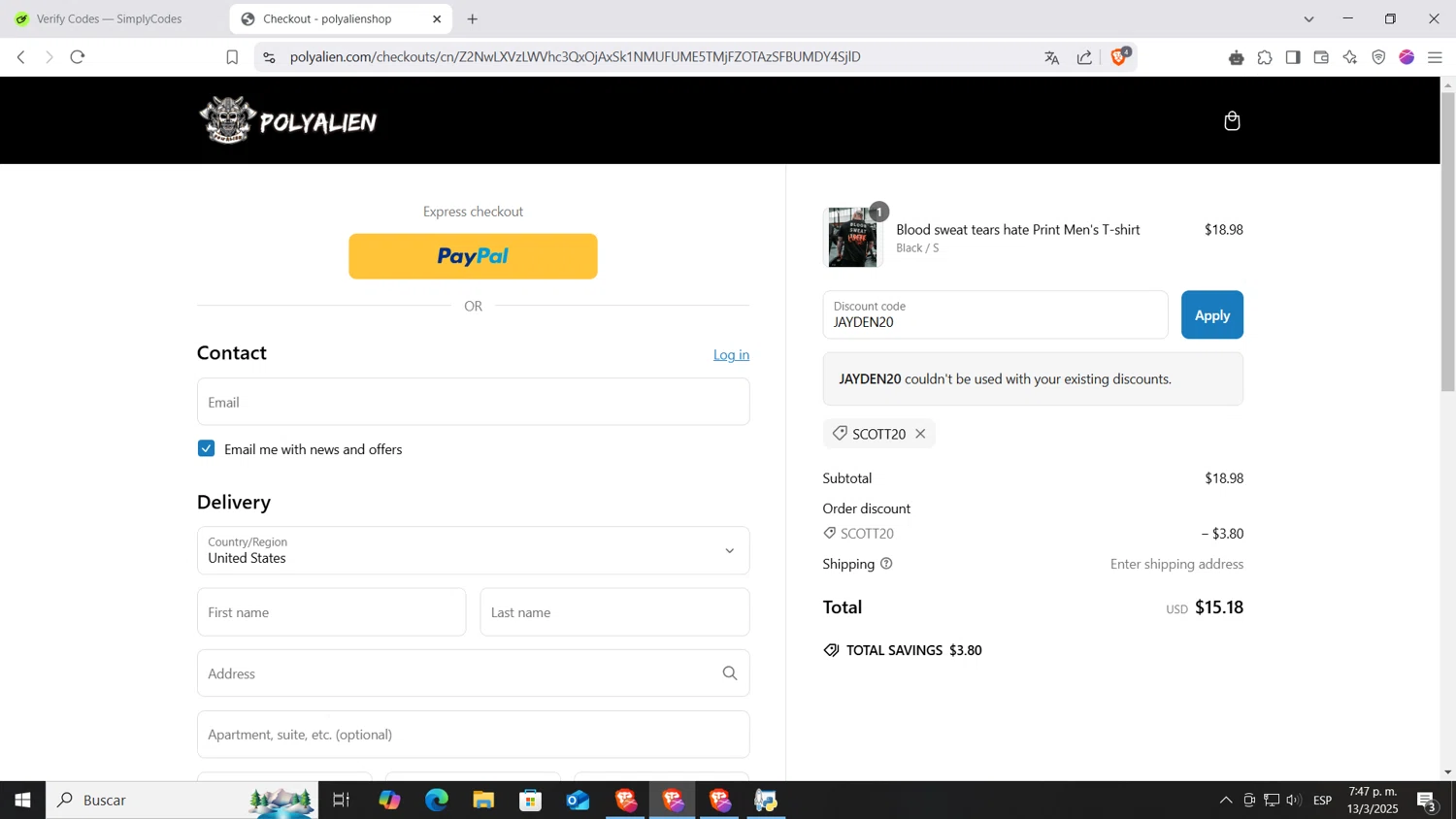 Polyaliens promo code screenshot showing code JAYDEN20 applied at Polyaliens checkout page. Uploaded by SimplyCodes community member AnthonyGTX on Mar 13, 2025