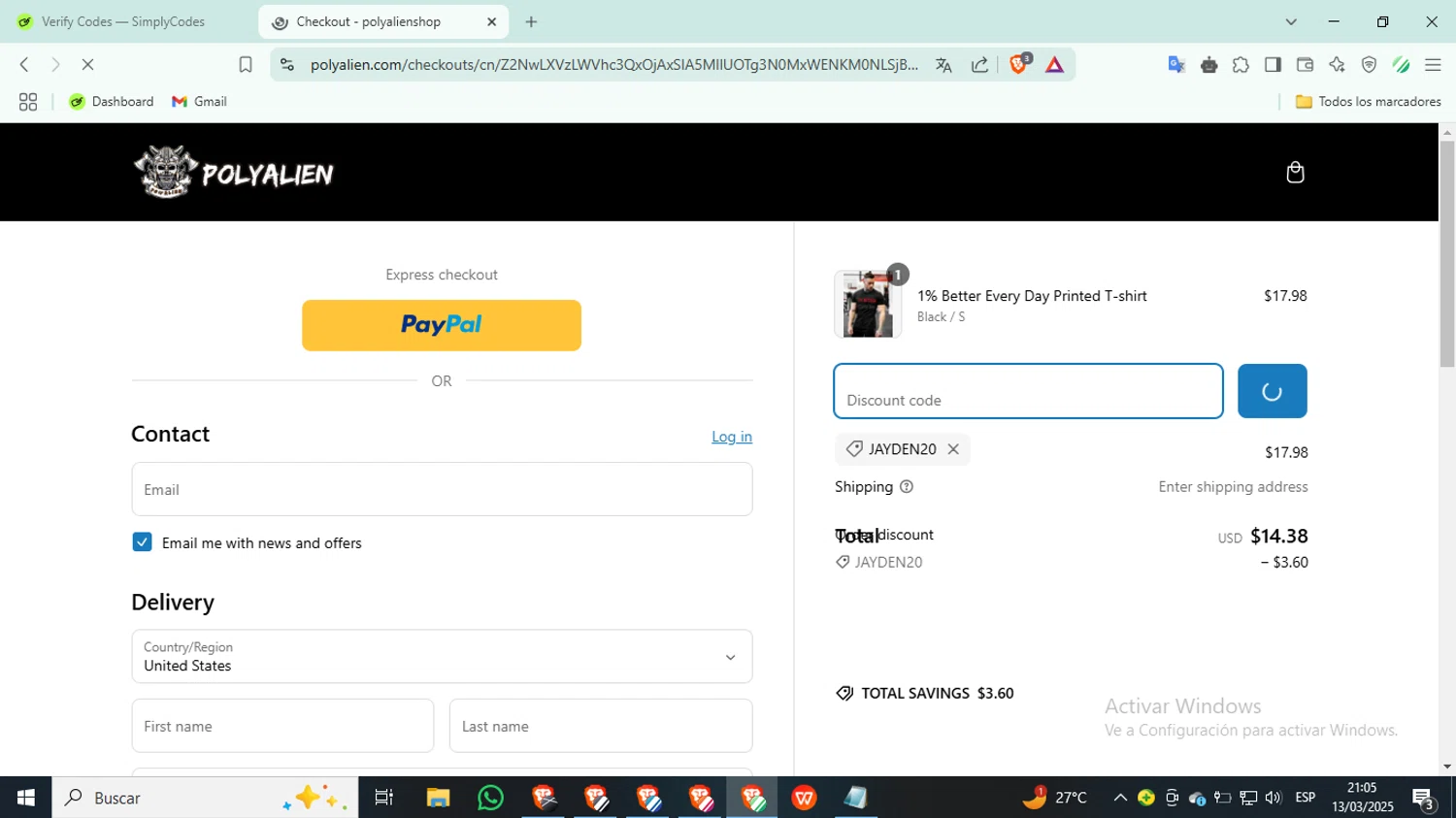 Polyaliens promo code screenshot showing code JAYDEN20 applied at Polyaliens checkout page. Uploaded by SimplyCodes community member SilverKnight3628 on Mar 14, 2025