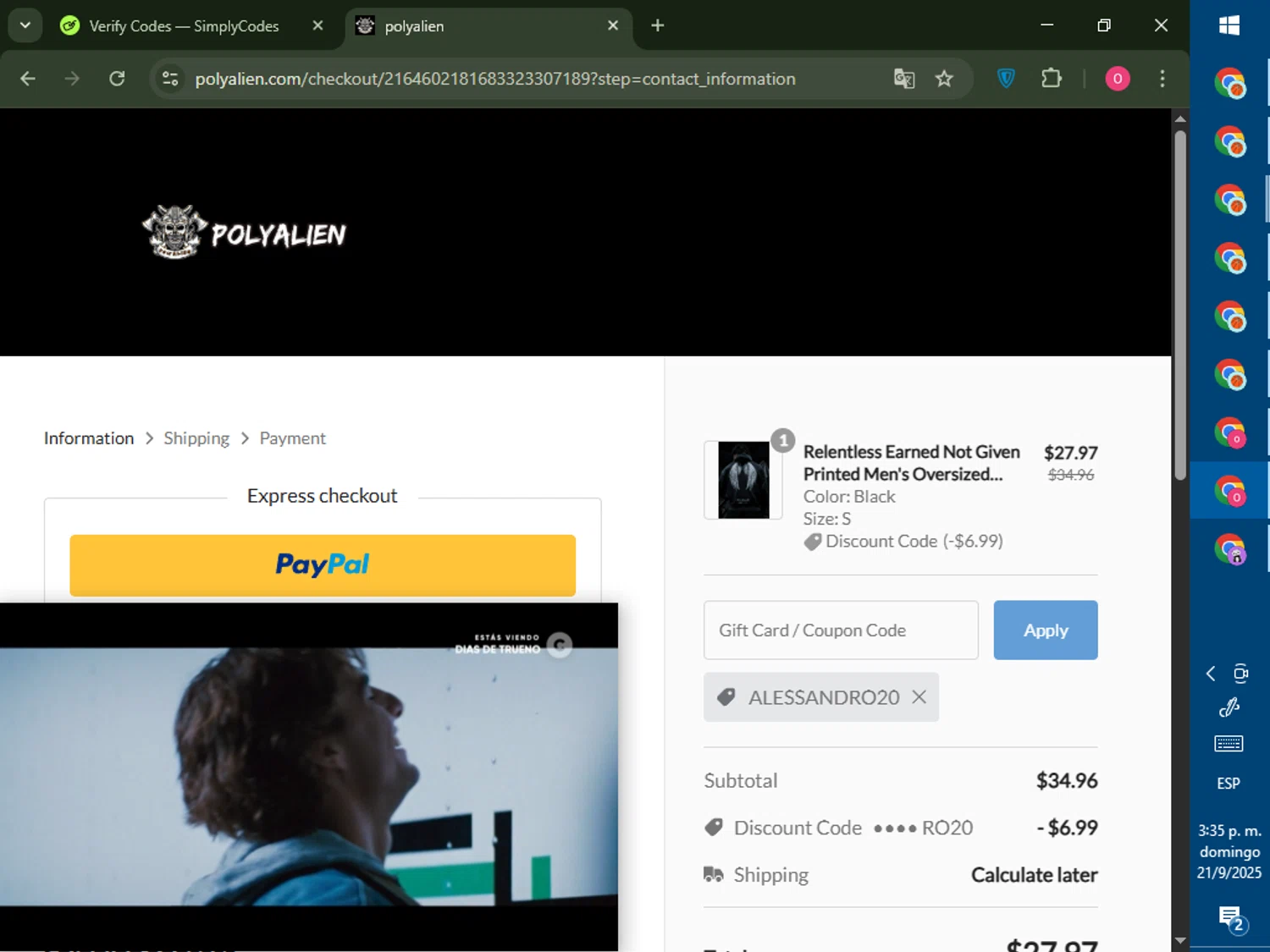 Polyaliens promo code screenshot showing code ALESSANDRO20 applied at Polyaliens checkout page. Uploaded by SimplyCodes community member LegendaryRanger6350 on Sep 21, 2025