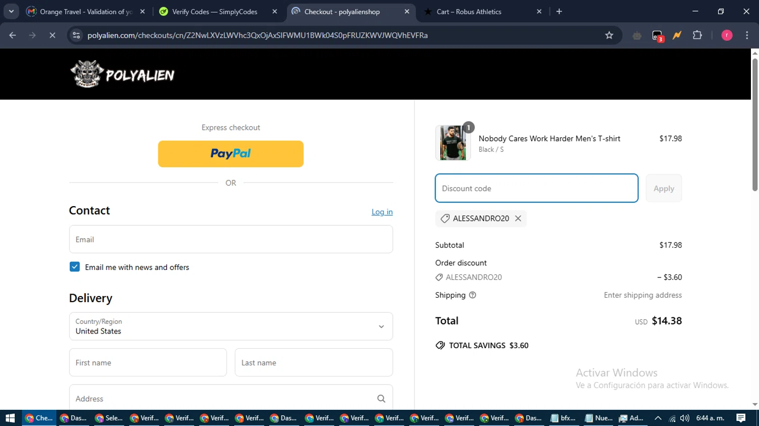 Polyaliens promo code screenshot showing code ALESSANDRO20 applied at Polyaliens checkout page. Uploaded by SimplyCodes community member WisePro3739 on Apr 2, 2025