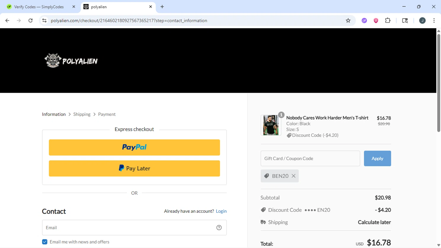 Polyaliens promo code screenshot showing code BEN20 applied at Polyaliens checkout page. Uploaded by SimplyCodes community member AVATIGRITO on Sep 13, 2025